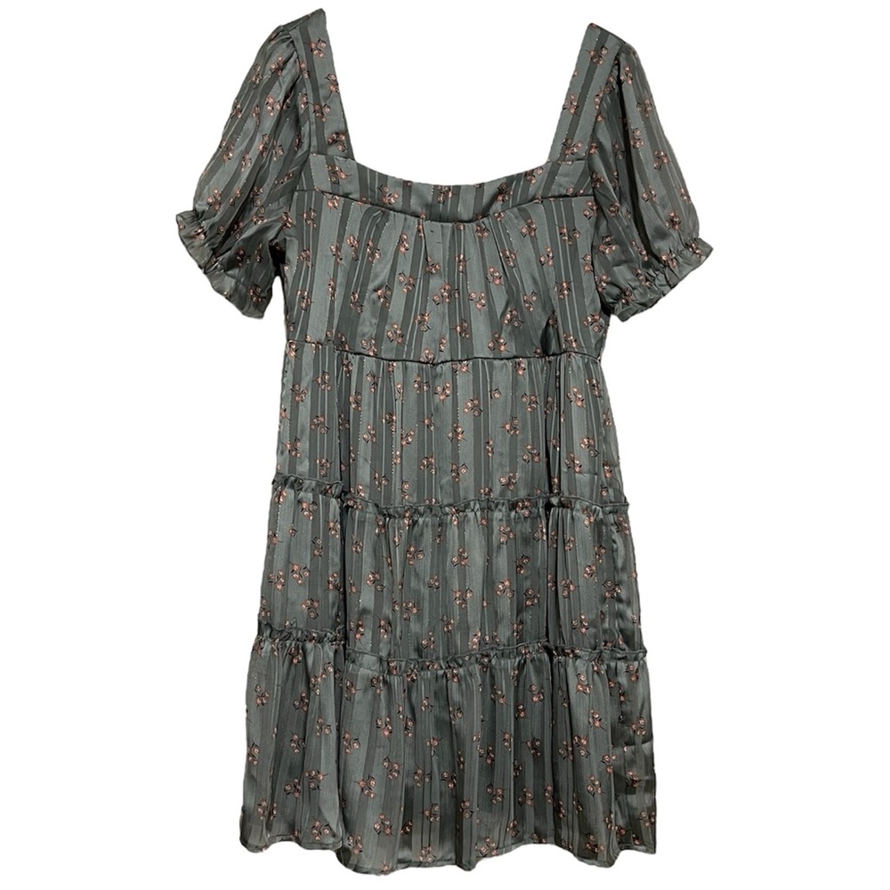 TRIXXI Women's Green Pleated Metallic Zippered Lined Tiered Floral Dress Medium